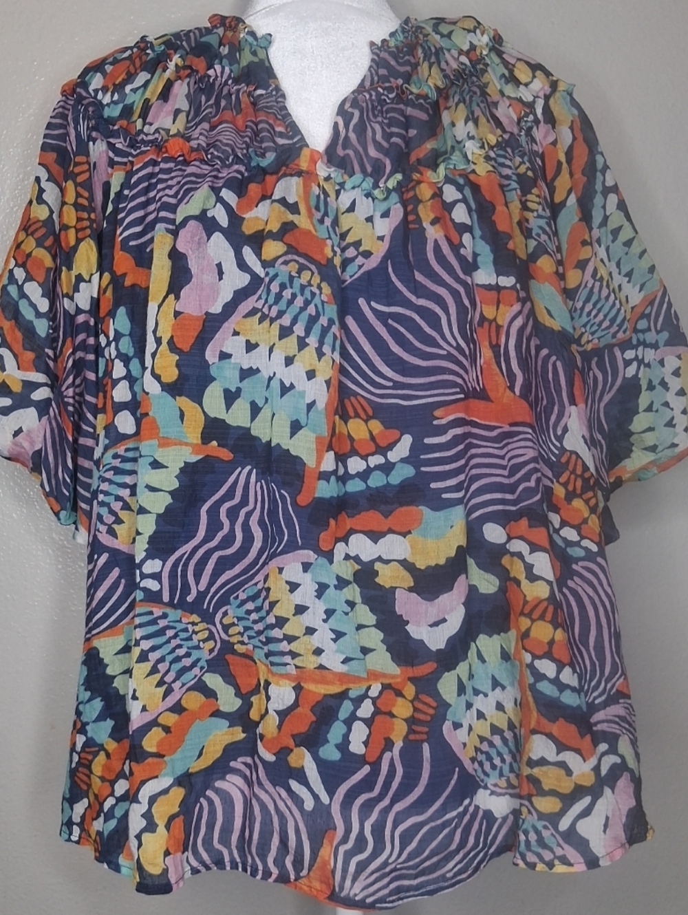 Entro Coral Reef Abstract Print Top Ruffle Detailed Balloon Sleeve Oversized S